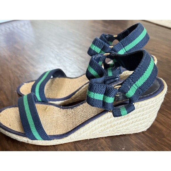 Lauren Ralph Lauren Women’s Wedge Sandals 8.5B Green Navy Strap Ankle 3” Preppy - Picture 4 of 10